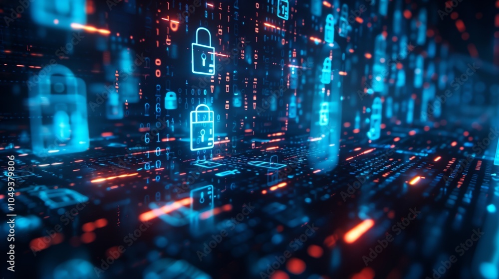 Poster digital background featuring digital padlock symbols on data center screens, creating an atmosphere 