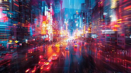 Obraz premium Digital art of an abstract cityscape with glowing neon lights and glitch effects, representing the future of urban technology.