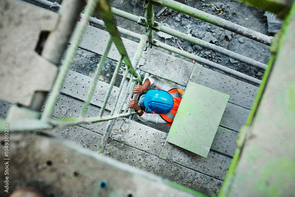 Poster ladder, construction site and worker in building with engineering, scaffolding and handyman inspecti