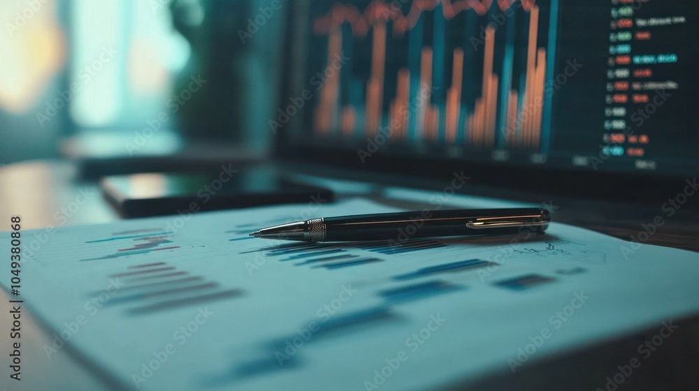 Poster a close-up of a pen on a financial report with charts displayed on a laptop screen.