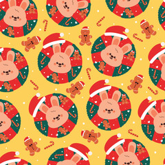seamless pattern cartoon bunny inside christmas wreath. cute christmas wallpaper for fabric print, gift wrap paper