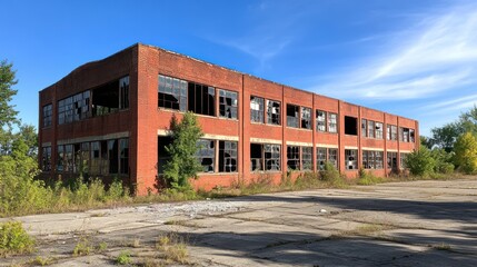 Fototapeta premium Abandoned industrial building with broken windows and overgrown vegetation.