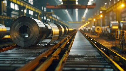 Metal Coils on a Conveyor Belt in a Factory