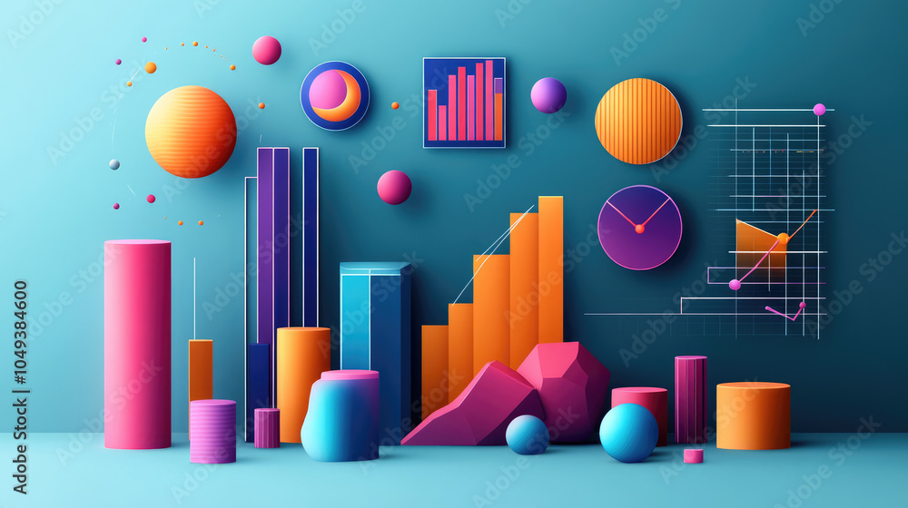 Aufkleber 3d rendering of ai analysis graphs of the financial data on colorful bars on blue plain color board