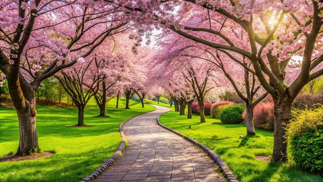 paved walkway with cherry blossom and green grass