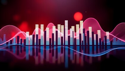 Abstract digital equalizer with sound waves on a dark red background with reflections.