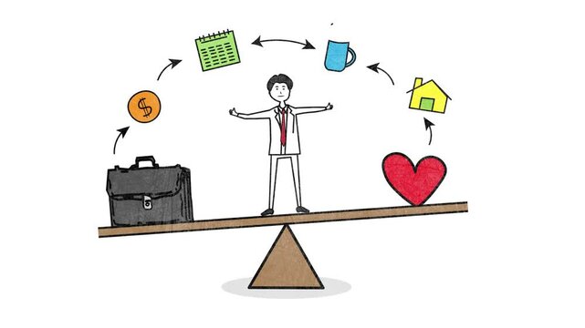 Work-Life Balance Concept. Sketch of a seesaw with a briefcase on one side and a heart on the other, symbolizing the balance between work and personal life. 