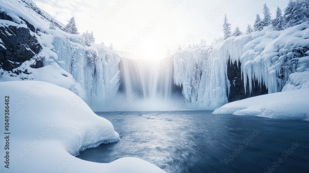 Poster Majestic frozen waterfall in a winter landscape