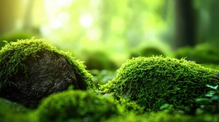 Lush green moss covering stones in a serene forest setting