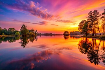 Obraz premium Vibrant orange hues fade into soft pinks and purples across a serene lake at dusk, as trees reflect the colors of the setting sun in their tranquil waters, reflection, atmosphere, twilight