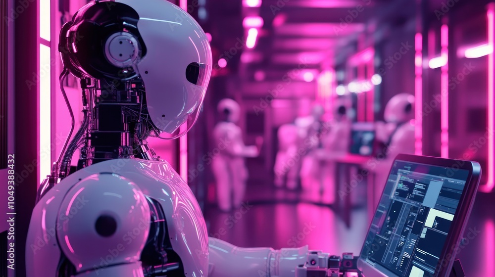 Poster a futuristic robot interacts with technology in a neon-lit environment.