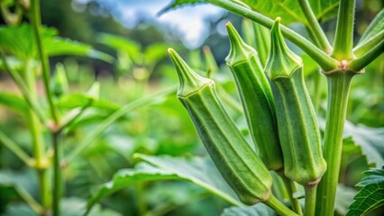 Obraz premium Fresh okra growing on plant in garden, fresh, okra, vegetable, green, plant, garden, organic, locally grown, healthy