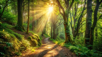 Fototapeta premium Winding forest trail with sunlight filtering through canopy above, leaves, branches, terrain