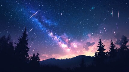 Fototapeta premium A beautiful night sky with shooting stars and the Milky Way over a forest silhouette.