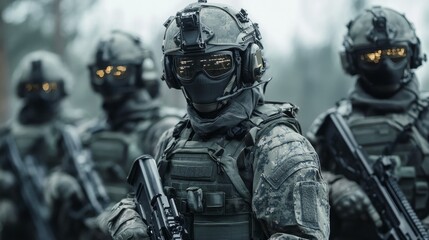 Group of futuristic soldiers wearing camouflage uniform and holding rifles