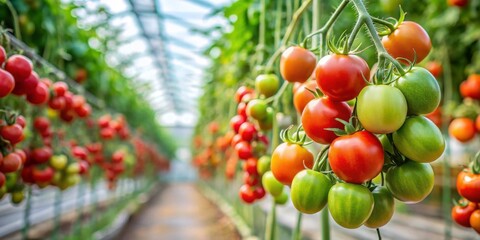 Ripe red and green tomatoes hanging on vine in greenhouse garden , tomatoes, ripe, red, green, greenhouse, vine, foliage, garden