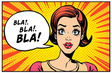 Pop art style comic book panel with girl talking bla bla bla small talk chatter in speech bubble
