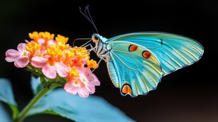 Obraz premium Vibrant blue butterfly resting on colorful lantana flowers in natural setting