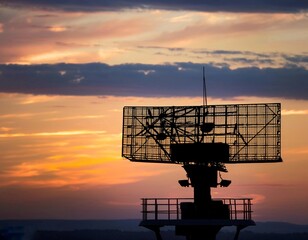 An air traffic control radar black silhuette on a setting sky background