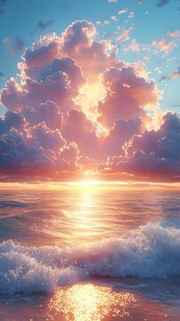 A breathtaking sunset over the ocean with colorful clouds reflecting warm hues above gentle waves, creating a serene and tranquil atmosphere.
