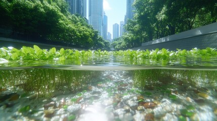 Urban oasis: serene river with lush vegetation amidst skyscrapers