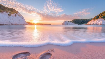 Obraz premium Serene sunrise over a tranquil beach with white cliffs and gentle waves