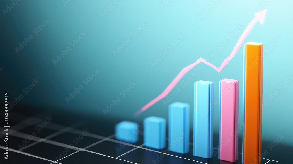Poster 3d rendering of ai analysis graphs of the financial data on colorful bars on dark blue background