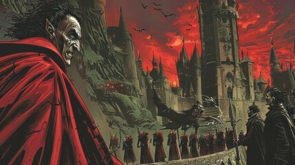 Naklejka premium A vampire is standing in front of a castle with a group of people. Generative AI