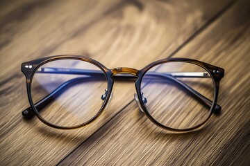 A pair of vintage glasses with round frames resting on a textured wooden surface, under soft lighting.