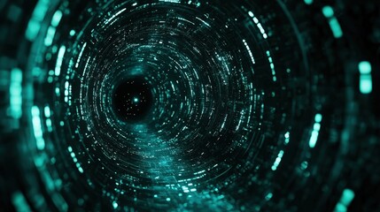 Futuristic digital data tunnel with glowing particles and abstract patterns