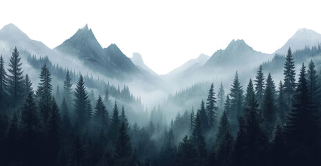 Fototapeta premium PNG Mysterious misty forest aerial view with foggy mountains and green pine trees in a natural landscape outdoors scenery nature.