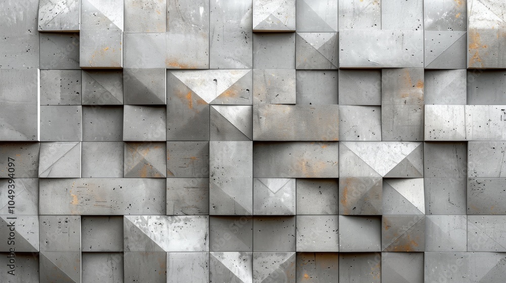 Poster a close-up view of a concrete wall with a geometric pattern of squares and triangles.