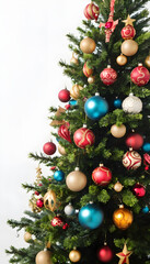 Artificial Christmas tree decorated with colorful baubles