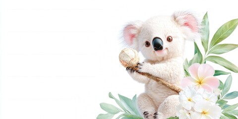 Fototapeta premium Adorable baby koala with flowers and eucalyptus branch