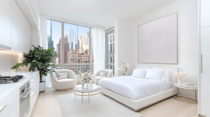 Fototapeta premium Modern minimalist city apartment with large windows and neutral tones