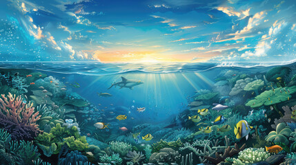 Fototapeta premium graphic painting vector of the illustration of many blue whales and other sealife, sharks swimming under the water and jump over in the air on ocean water background