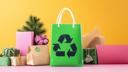 A vibrant green shopping bag with a recycling symbol stands amidst colorful gift boxes and a small evergreen tree against a bright yellow background.