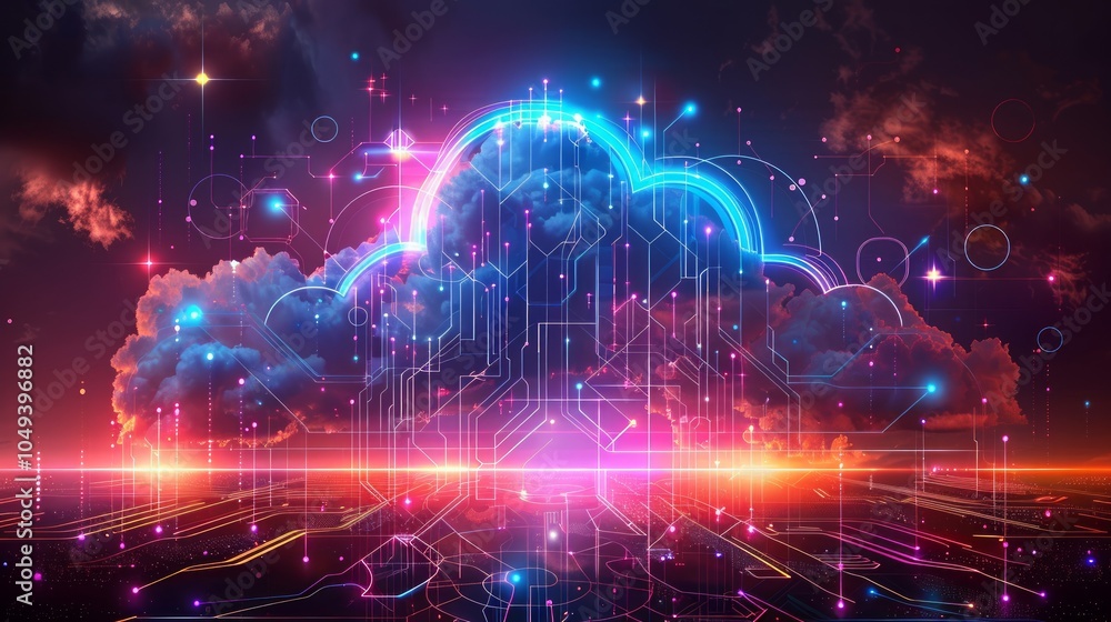 Poster a glowing cloud icon with digital circuit patterns in a futuristic setting.