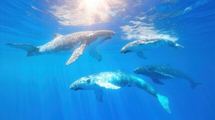 Obraz premium Majestic humpback whales swimming gracefully in crystal blue ocean waters