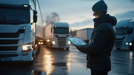 A man is standing in front of a row of semi trucks, looking at a tablet
