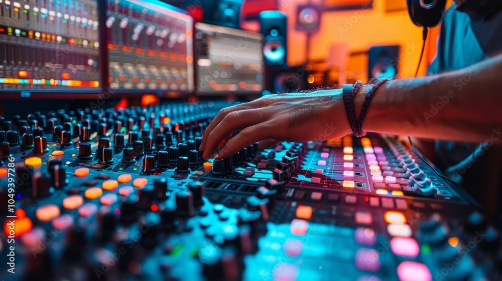 Poster a hand adjusting the knobs of a mixing console in a recording studio.