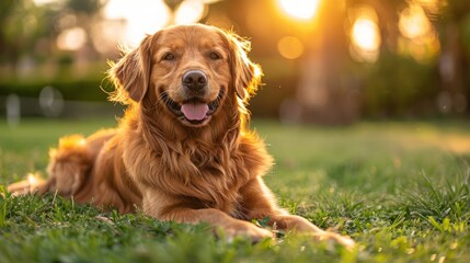 A happy golden retriever dog lying on a grassy lawn, looking directly at the camera with its tongue sticking out, in a warm sunset light.