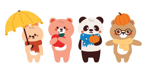 Fototapeta premium hand drawing cartoon autumn animal sticker set. cute animal with apple, pumpkin, umbrella drawing, doodle set