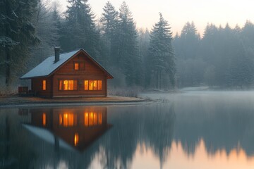 Fototapeta premium Serene mountain lake cabin at sunrise, warm golden light illuminating a cozy lakeside cabin with clear reflection in still water, surrounded by evergreen trees, capturing peaceful solitude in nature