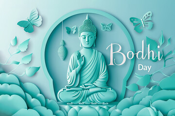 White text Bodhi Day with Buddha statue on pastel blue background
