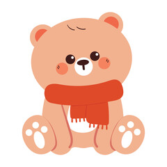 Obraz premium cute hand drawing cartoon bear wearing red scarf. cute bear drawing for winter sticker, winter animal