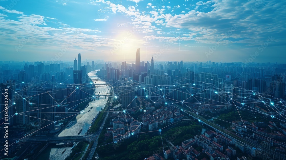 Poster a panoramic aerial view of a modern city with a network of lines connecting buildings, symbolizing c