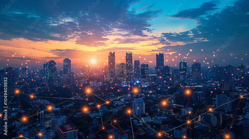 Poster a panoramic view of a modern city skyline at sunset with a network of glowing lines connecting build