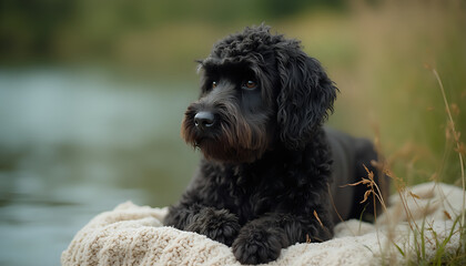 Poodle Relaxing on Rock near Water in Nature Setting