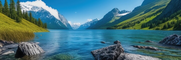 Obraz premium mountains and a body of water with rocks in the foreground